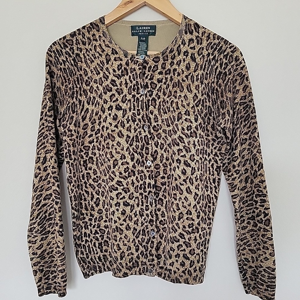 Vtg Lauren Ralph Lauren Animal Print Cardigan Sz S Petite Sweater Silk Blend 90s